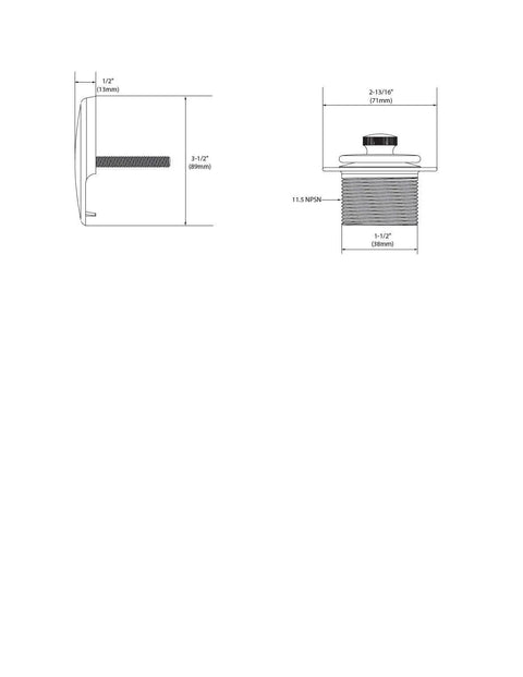 Technical diagram of Brushed Nickel Push-N-Lock Tub And Shower Drain Kit With Standard 1-1/2 Inch Threads, side and top view