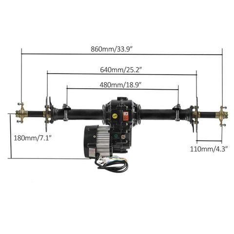 Rear Axle Kit With 48V 1000W Brushless Motor, Controller, Hydraulic Brake, 34 inch axle with dimensions labeled.
