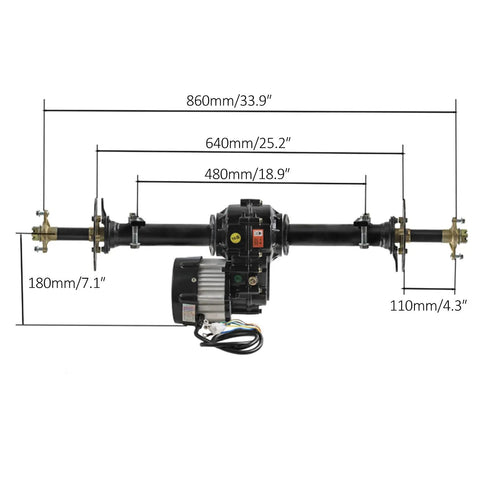 Loaded Up 48V 1000W Brushless Rear Axle Differential Kit dimensions and details for ATV Go Kart Buggy builds