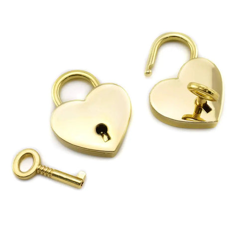 Antique Cabinet Duckbilled Toggle Hasp Latch And Heart Shaped Padlock Kit with 2 gold heart locks and key option displayed