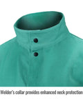Flame Resistant 9 Oz Cotton Welding Jacket With Stand-Up Welder's Collar, Green X Large, front view close-up.