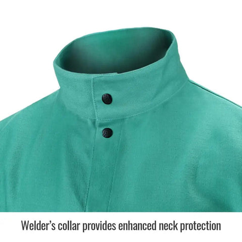 Flame Resistant 9 Oz Cotton Welding Jacket With Stand-Up Welder's Collar, Green X Large, front view close-up.
