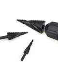 Top Tier 3 Piece Step Drill Bit Set Made From HSS With Titanium Nitride Coated For Fast Cutting Smooth Holes In Metal Sheet And Steel Using Triangular Shank, 3 bits on white