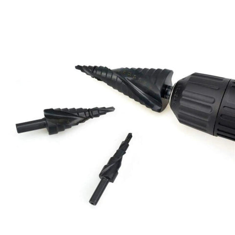 Top Tier 3 Piece Step Drill Bit Set Made From HSS With Titanium Nitride Coated For Fast Cutting Smooth Holes In Metal Sheet And Steel Using Triangular Shank, 3 bits on white