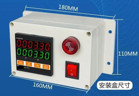 Digital Wheel Roller Encoder And Distance Measuring Counter With Alarm Signal And Relay Output Control For Quick Stop Start Projects featuring LED display and control switch.