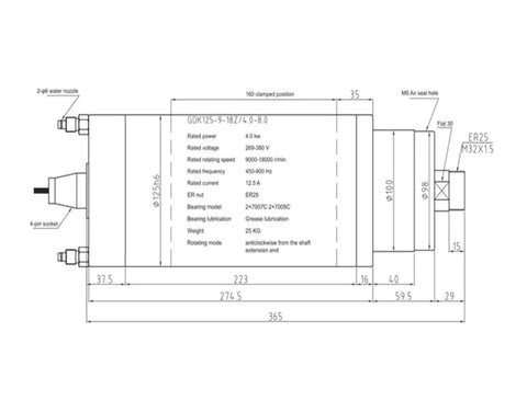 Technical drawing of Heavy Duty Cnc Water Cooled Spindle Motor With Vfd Drive Kit dimensions and specifications.
