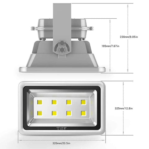 Dimensions and back view of 400W LED Flood Light Outdoor Beast Bright Daylight 6000K, 40000LM, 120 Degree Beam, IP66 Waterproof, Plug N Play, 85-285V AC, Stadium Field Arena Lighting For Outdoor Sports And Large Areas
