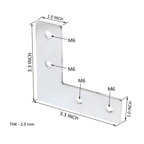 Detailed view of L corner bracket with dimensions for Ten Piece 1 Inch By 1 Inch L Corner Bracket Set for 1010 T Slot Aluminum Extrusions