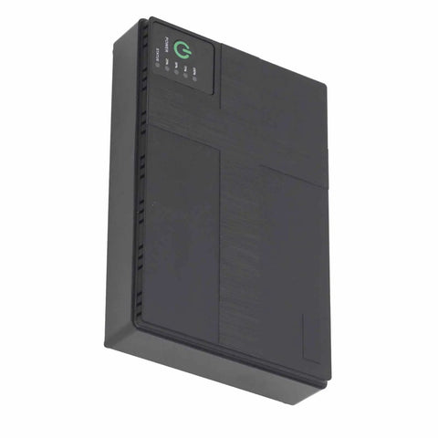 Compact 10400mAh UPS Battery Backup With 36W Output Keeps Your Router Modem And Security Cameras Running During Blackouts side view showing power indicator.