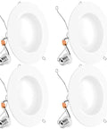 Top Tier 4 Pack 6 Inch Retrofit Led Recessed Can Lights, 5Cct Adjustable, 13W Bright Bulbs showing four white trim fixtures.