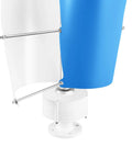 Close-up of Two Blade 100W 12V Vertical Axis Wind Turbine With Controller showing white and blue aluminum blades.