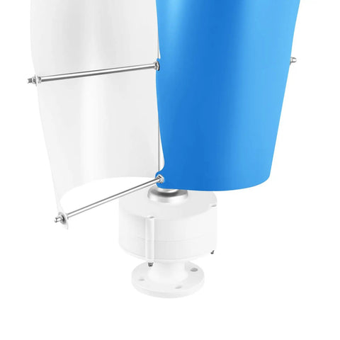 Close-up of Two Blade 100W 12V Vertical Axis Wind Turbine With Controller showing white and blue aluminum blades.