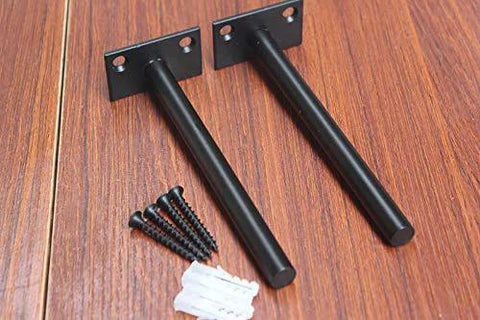 Two 6 inch black solid steel floating shelf brackets with screws and plugs, part of 12 pack concealed shelf supports for floating wood shelves.