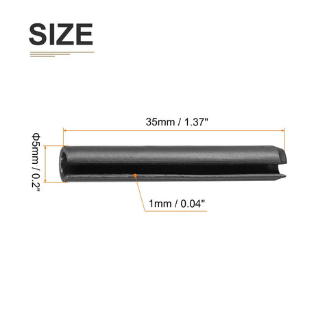 5mm x 35mm Slotted Spring Pin 50 Pack Black 65Mn Steel Roll Dowel Tension Pin For Home Workshop Machines Handy Durable Quick Install Machine Fastener Ideal For Automotive And Diy Projects And Repairs showing size dimensions