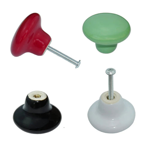 12Pk Straight Up Stunning Premium Ceramic Mushroom Drawer Knobs Retro Colorful Dresser Handles Smooth Finish Built Tough Kitchen Cabinet Vintage hardware collection featuring four colorful knobs.