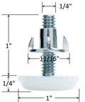 Heavy Duty Nylon Table And Furniture Levelers With One Quarter Inch Threaded Shank And T Nuts Four Hundred Lb Capacity Easy Adjust From Zero To Nine Sixteenths Inch Floor Friendly White Four Pack, close-up with dimensions