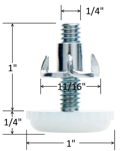 Heavy Duty Nylon Table And Furniture Levelers With One Quarter Inch Threaded Shank And T Nuts Four Hundred Lb Capacity Easy Adjust From Zero To Nine Sixteenths Inch Floor Friendly White Four Pack, close-up with dimensions