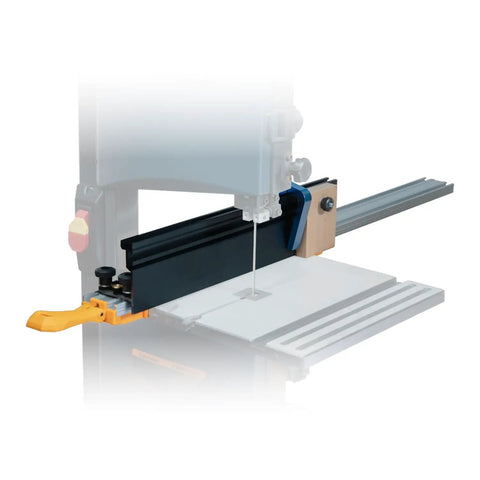 Universal 24 Inch Straight Edge Clamp And 16 Inch By Three And A Half Inch Band Saw Fence installed on bandsaw table.