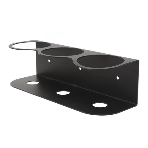 Heavy Duty Wall Mount Spray Bottle Holder Carbon Steel Paint Can Dispenser Rack With Powder Coated Finish For Garage Workshop, side view of three bottle holder.