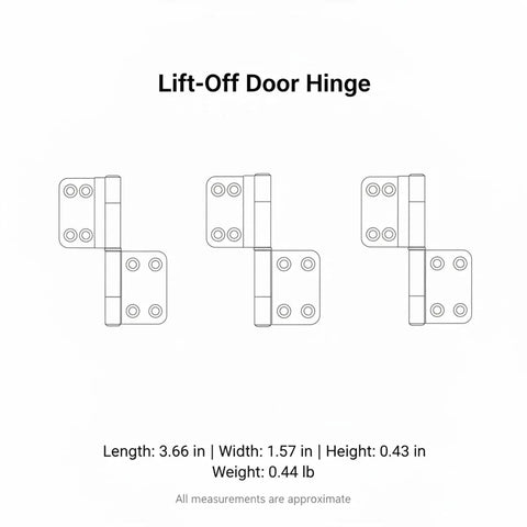 Lift Off Aluminum Door Hinge For Interior Doors, Tool Free Vertical Detachment, Easy Install, Heavy Duty Aluminum Alloy, Three Point Eight By One Point Six Inches, Smooth Operation For Home And Office diagram