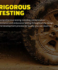 Close-up of muddy vehicle tire showcasing rigorous testing conditions