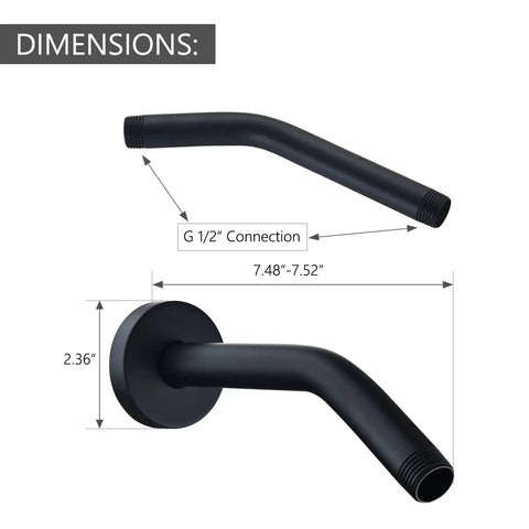 Solid Brass 8 Inch Matte Black Shower Arm With Flange Replacement Anti Leak Ceiling Wall Mounted Bend Durable Metal Construction Standard One Half Inch NPT No Fuss Install Corrosion Resistant shown with dimensions