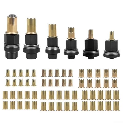 Complete Heavy Duty Rivet Nut Pliers Tool Kit With Sixty Universal Press In Nuts, includes various thread nuts and adapters.