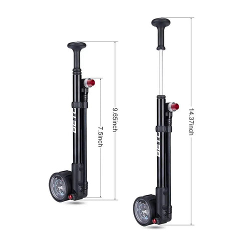 High Pressure MTB Bike Shock Pump 400 PSI Max For Fork And Rear Suspension With No Loss Schrader Valve 6 Inch Swivel Hose One Point Five Inch Gauge Ergonomic Handle For Easy Leak Free Inflation with dimensions shown.