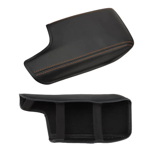 Subaru Crosstrek Center Console Armrest Cover Leather With Orange Stitches For 2018 2019 2020 2021 2022 2023 Crosstrek And 2017 2018 2019 2020 2021 2022 2023 Impreza Leather Arm Rest Box Lid Middle Console Cover Seat Protector, top and underside view