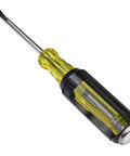 Demolition And Phillips Screwdriver Set With Plated Strike Cap And Heat Treated Blades, close-up of flathead tool with yellow handle.