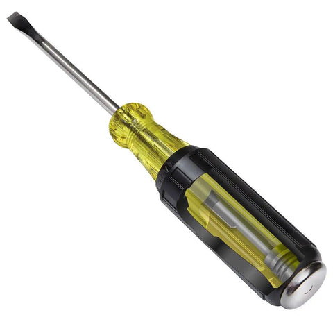 Demolition And Phillips Screwdriver Set With Plated Strike Cap And Heat Treated Blades, close-up of flathead tool with yellow handle.