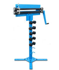 Bead Roller For Sheet Metal With Twelve Dies, Heavy Duty Rotary Beading Machine, blue nineteen inch roller mounted on a stand