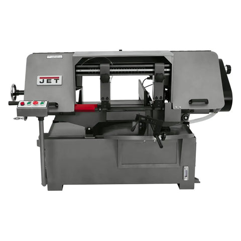 10 By 16 Inch Horizontal Mitering Bandsaw Workhorse With 2 HP Motor And 230 Volt To 460 Volt Three Phase Power Heavy Duty Cast Frame Adjustable Blade Guides Hydraulic Downfeed With Counterbalance Model J7040M