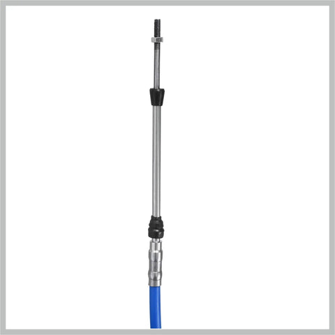 Close-up of stainless steel and rubber 16ft Marine Throttle And Shift Remote Control Box Cable Blue 5 Meter 197 Inch For Yamaha Honda Suzuki Nissan Tohatsu Chrysler Outboard Engines Easy Install Steering System Replacement Part