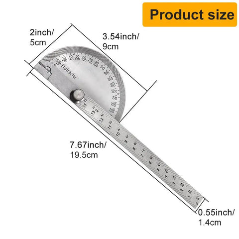 No Fuss Stainless Steel Zero To One Eighty Degree Round Head Protractor And Angle Finder Gear dimensions showing 7.67inch and 2inch.