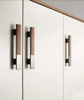 Brushed Nickel Cabinet Hardware With Walnut Wood Inlay Modern Drawer Pulls on white cabinet doors for kitchen and bathroom