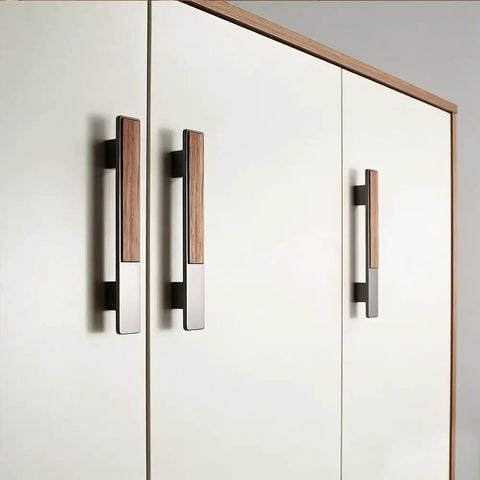 Brushed Nickel Cabinet Hardware With Walnut Wood Inlay Modern Drawer Pulls on white cabinet doors for kitchen and bathroom