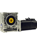 Front view of silver worm-gear reducer attached to black stepper motor with yellow output shaft.