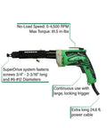 Green SuperDrive Collated Screwdriver With 24.6 Ft Power Cord, 6.6 Amp Motor, detailed labels, Model W6V4SD2