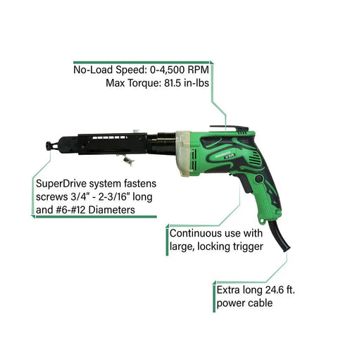 Green SuperDrive Collated Screwdriver With 24.6 Ft Power Cord, 6.6 Amp Motor, detailed labels, Model W6V4SD2