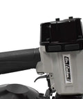 Pro Grade Coil Roofing Nailer Fires 1-3/4 Inch 15 Degree Fasteners with black and gray lightweight aluminum body and ergonomic grip.