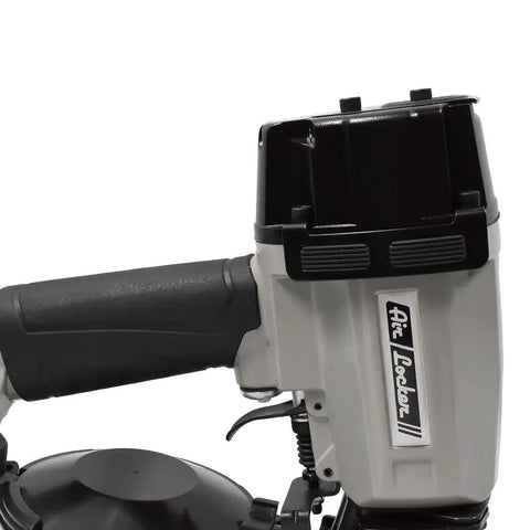 Pro Grade Coil Roofing Nailer Fires 1-3/4 Inch 15 Degree Fasteners with black and gray lightweight aluminum body and ergonomic grip.
