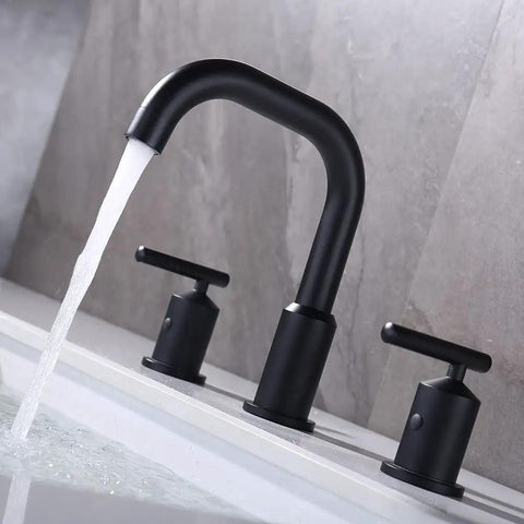 8 Inch Two Handle Widespread Matte Black Bathroom Faucet With 360 Swivel Spout For 3 Hole Sinks