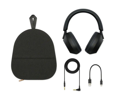 WH-1000XM5 Premium Noise Canceling Headphones With Auto NC Optimizer All Day Battery Life Dope Sound Alexa Voice Control Adaptive Ambient Sound Multi Point Pairing Premium Comfort Black, shown with accessories including audio cable, USB-C cable, and carrying case.