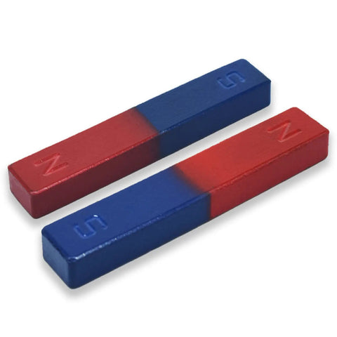 Two Pack Kid-Friendly Bar Magnets For Kids With Clear North And South Poles For Hands-On Science Experiments Classroom Demos And Physics Education Toys Portable Size Fifty By Nine By Nine Millimeters Each Weighing About Thirty-Eight Grams, showing two red and blue magnets with N/S marked.