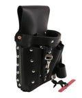 Extra Capacity Tool Pouch With Eight Pockets For Pliers And Screwdrivers Hammer Loop Knife Snap Tape Thong Leather Stitch Riveted Build Belt Loop Fits Up To Three Inches Made In USA Tough As Nails Built To Last, black leather with metal rivets