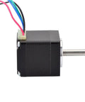 Mini NEMA-11 bipolar stepper motor with black aluminum body, exposed shaft and 4-color wire harness