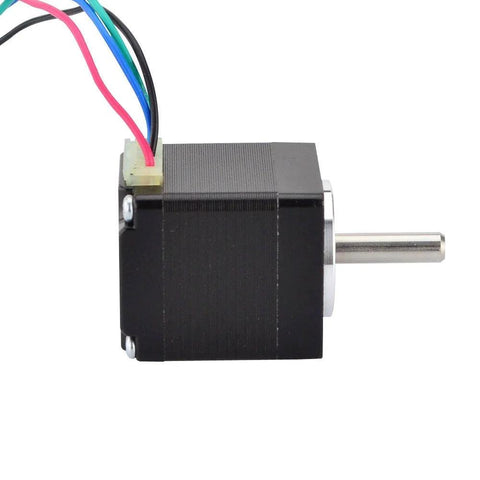 Mini NEMA-11 bipolar stepper motor with black aluminum body, exposed shaft and 4-color wire harness