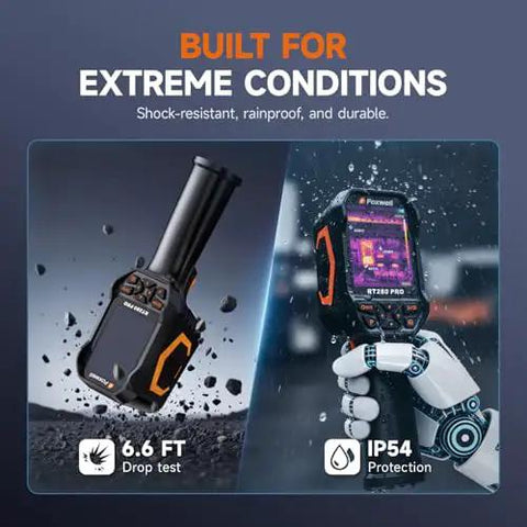 Pro-Grade Dual-Lens Thermal And Visible Imaging Camera with 640x480 infrared and 2MP visible sensor, rugged design, IP54 rated, shown in use.
