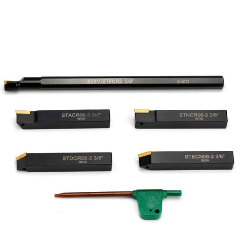 Three Eighths Inch Shank Lathe Turning Tool Set With 5 Indexable Inserts and Holders for External and Internal Turning
